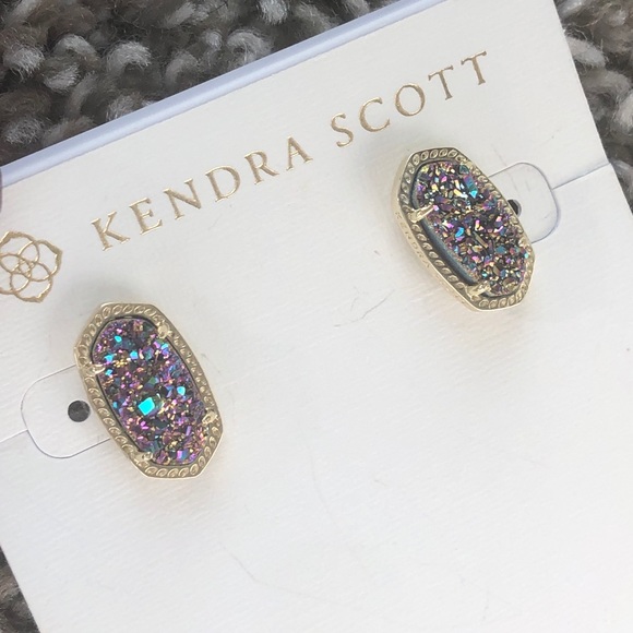 NWT Kendra Scott RARE & Retired Ellie Earrings Multi Colored Drusy Yellow Gold! - Picture 10 of 17